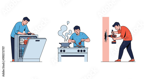 Series of illustrations showing man doing household chores like washing dishes, cooking, and home repair, concept of everyday home life.