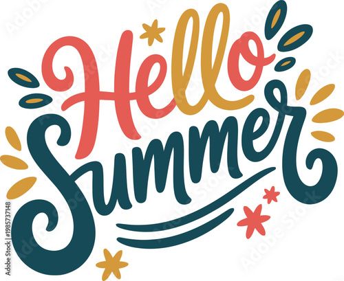 Hello summer colorful vector lettering on transparent background for season greetings.