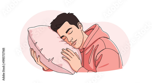 Young man sleeping peacefully while hugging soft pillow, illustration of rest, relaxation, comfort, and healthy sleep on pink background.