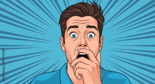 Portrait of shocked and frightened man with wide eyes and his hand on mouth, pop art illustration of surprise and terror on blue background.