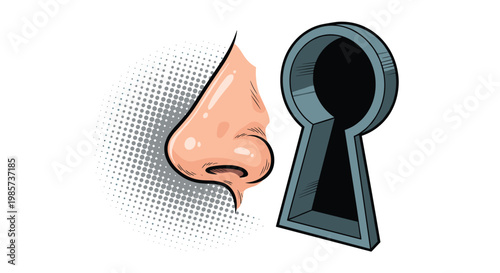Human nose and keyhole on white background with dot pattern, illustration of prying, curiosity, sense of smell, or invasion of privacy.