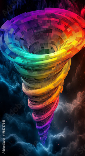  colorful rainbow spiral cone floating in the sky, 