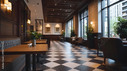 An elegant wide angle view of a sophisticated cafe interior featuring a checkered floor and abundant natural light