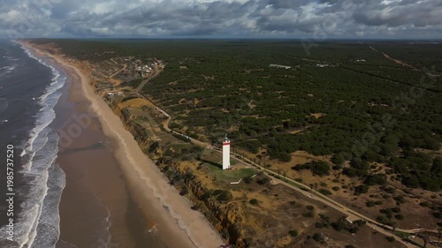 Aerial view of lighthouse near Donana National Park in Matalascanas Spain