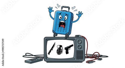Scared blue suitcase character jumping off vintage television showing dangerous items, humorous illustration of airport security and travel fear.