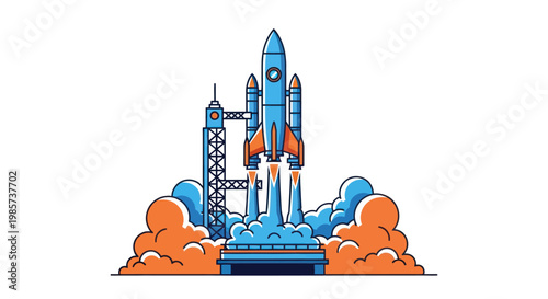 Flat vector illustration of a space shuttle rocket launching from a launchpad with smoke