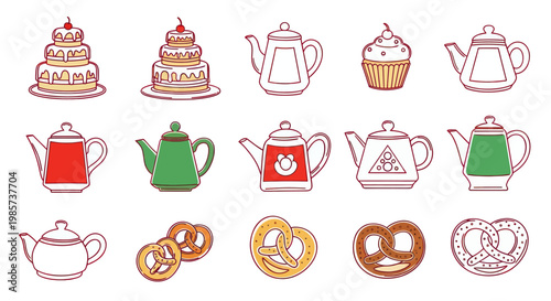 Set of hand drawn bakery and tea time icons including cakes, teapots, and pretzels