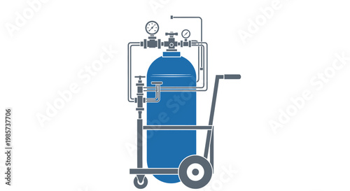 Industrial blue gas cylinder on a mobile trolley with pressure gauges and piping.