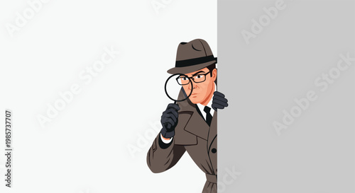 Secret agent or detective in hat and glasses peeking from behind a wall with magnifying glass, pop art illustration of investigation and mystery.