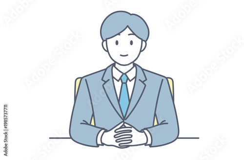 机に手を組んで座るシンプルなビジネスマンのイラスト