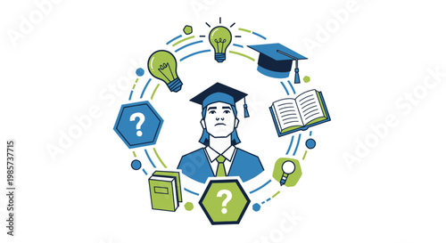 Student contemplating future academic and career paths with symbols of knowledge and questions.