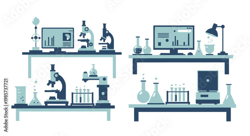 Flat design illustration of science lab equipment with microscopes and test tubes.