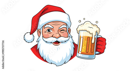 Santa Claus winking and holding large mug of frothy beer, cheerful illustration of holiday spirit and celebration on white background.