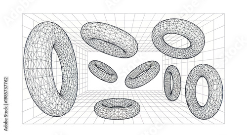Abstract 3D wireframe torus shapes floating in a grid lined room