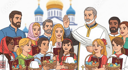 Orthodox priest blessing Easter baskets with children and families religious celebration traditional Christian holiday vector illustration