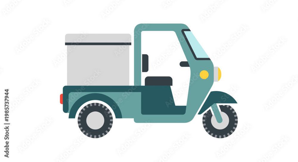 Fototapeta premium Delivery Tricycle Vector Illustration, Flat Style Graphic of a Three-Wheeler Cargo Scooter for Logistics and Express Courier Services
