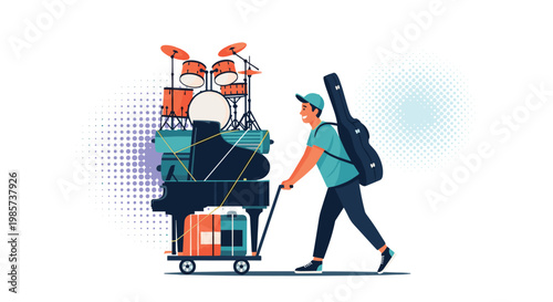 Musician pushing cart overloaded with piano, drums, and other musical instruments, illustration of heavy equipment transport and passion.