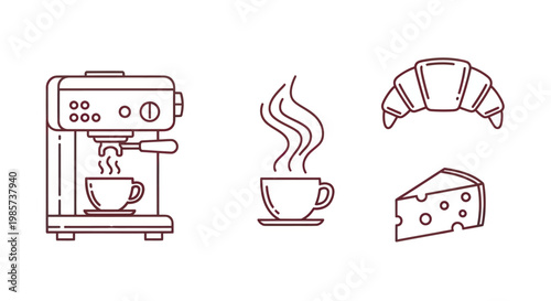 Collection of coffee and breakfast outline icons.