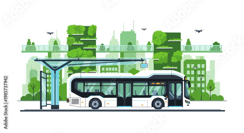 Electric public bus in a futuristic green city with sustainable architecture and drones.