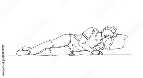 Continuous line art of a person sleeping peacefully on a pillow.