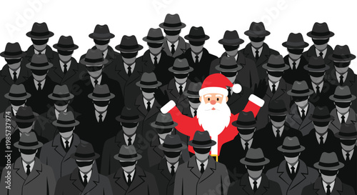 Santa Claus standing out in a large crowd of identical grey men in hats and coats, symbolic illustration of uniqueness and holiday spirit.