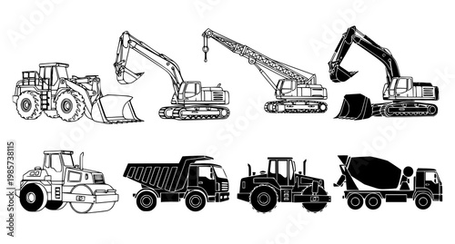 A collection of construction vehicles and equipment in a flat vector graphic design including excavators cranes dump trucks and cement mixers in black and white