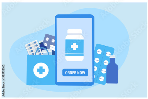 Online pharmacy concept.  Medicine ordering with mobile phone and shopping bag vector render illustration