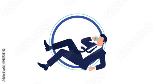 Professional businessman in a dark suit floats weightlessly inside a blue circular frame while talking on his mobile smartphone device.