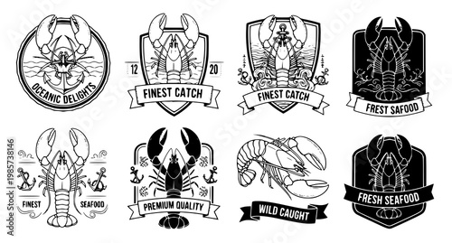 A collection of eight black and white vector graphic illustrations of lobster and crab logos with various labels and descriptions such as finest catch and fresh seafood on a white background
