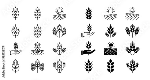 A collection of black and white vector graphic icons depicting various wheat and sun symbols on a white background
