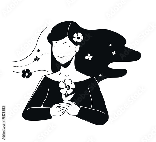 Serene Woman with Flowers - Black and White Flat Design Illustration