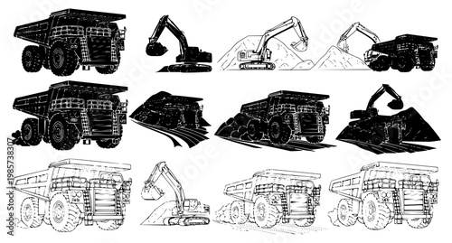 A collection of black and white vector illustrations of various mining vehicles and equipment including excavators and dump trucks in different line art styles on a white background