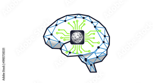 Artificial intelligence brain with circuitry and glowing chip, symbolizing machine learning, neural network, technology, innovation, future, thinking, intelligence