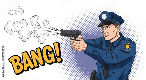 Brave police officer in a blue uniform fires a handgun with a large bang text effect in a dramatic comic book style action scene.