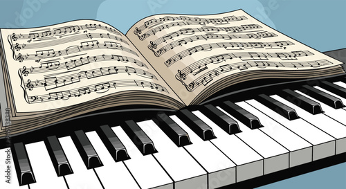 Classical sheet music book lies open on a set of piano keys ready for a musical performance or practice session in a music studio.