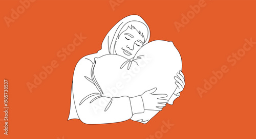 Simple line drawing of a peaceful man in a hoodie hugging a large heart shaped pillow on a bright orange background for love concept.