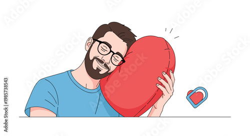 Happy bearded man with glasses hugs a large red heart shaped pillow with a satisfied smile on his face to show love and affection.