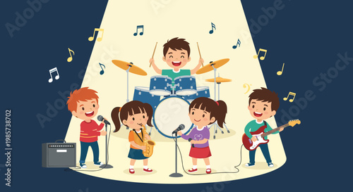 Group of five talented young children performing as a music band with drums, guitar, saxophone, and vocals on a stage under a spotlight.