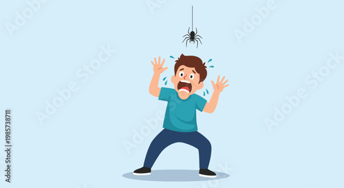Scared young boy looking terrified and screaming at a small black spider hanging from a thread right above his head.
