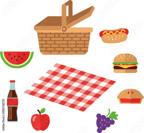 Wicker basket filled with delicious food items placed next to a checkered cloth for a fun summer outdoor picnic event