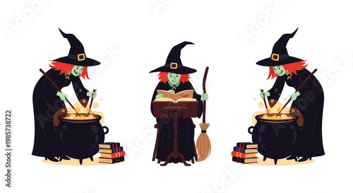 Three green skinned witches in black hats and gowns brewing magic potions in a large black cauldron and reading an ancient spell book.