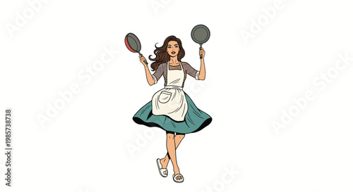 Joyful woman wearing an apron and slippers dances happily while holding two frying pans in a fun kitchen cooking theme illustration.