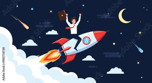 Successful businessman in formal attire rides a high-speed rocket through a starry night sky to represent rapid career growth and ambition.
