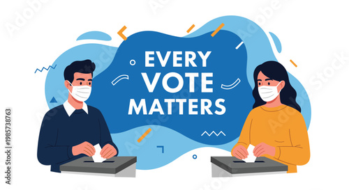 Man and woman wearing protective face masks casting their votes into ballot boxes to participate in a democratic election during a pandemic.