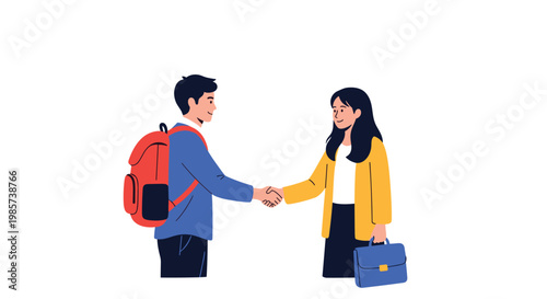 Young man with a backpack and a woman with a briefcase shake hands to seal a professional agreement or friendly introduction in a clean style.