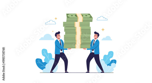 Two professional businessmen work together to carry a heavy stack of green cash banknotes, representing financial success and teamwork.