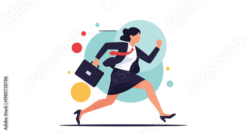 Determined businesswoman in a formal suit runs fast while carrying her briefcase to symbolize a busy schedule and meeting tight work deadlines.