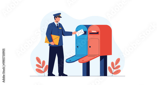 Uniformed postman putting an envelope into a blue mailbox while holding more mail next to a red mailbox in a park.