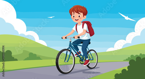 Happy young schoolboy with a backpack riding his blue bicycle along a countryside road under a bright blue sky.