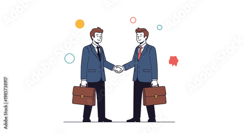 Two professional businessmen in suits shaking hands while holding briefcases representing a successful business deal or partnership.